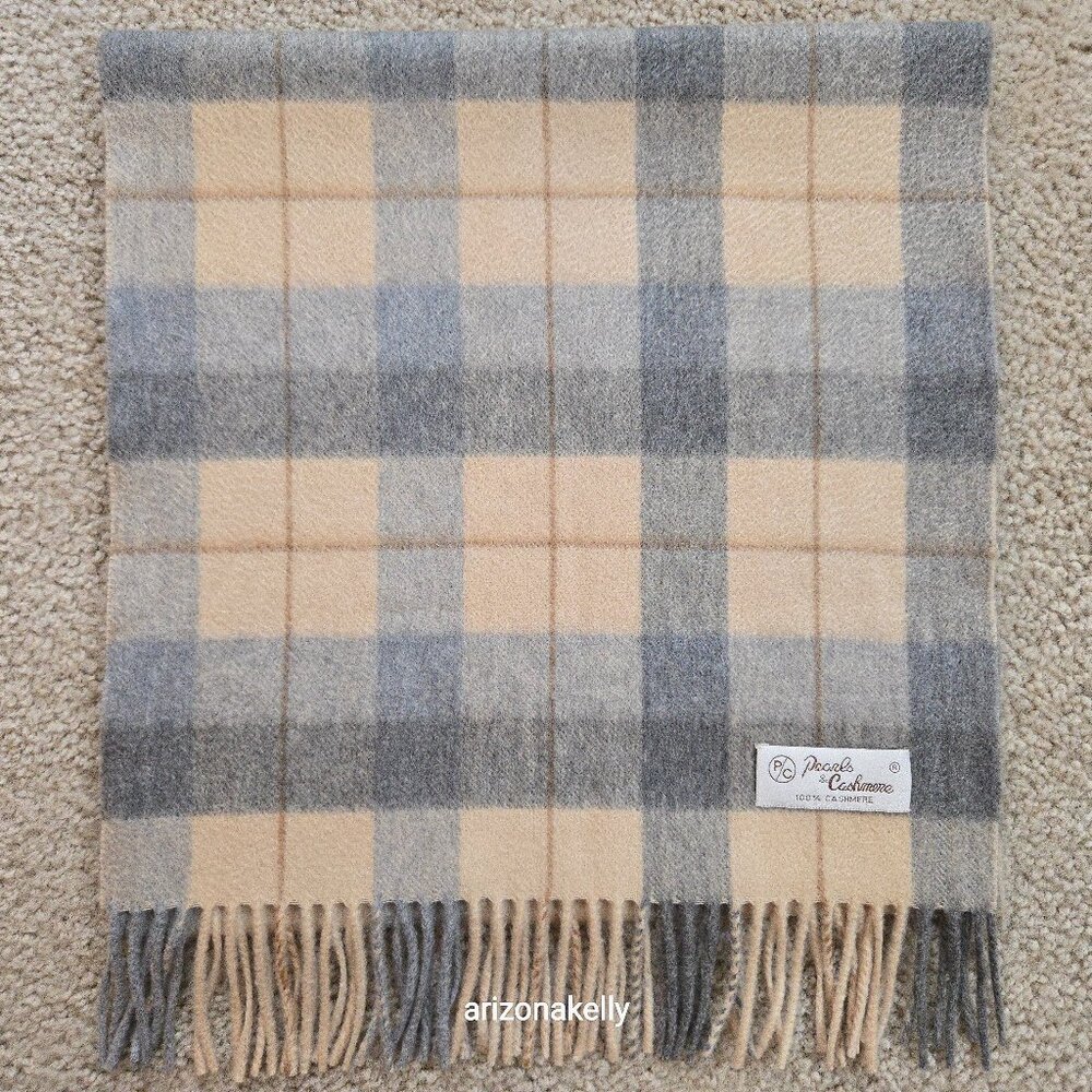 NWOT Cashmere Scarf Grey & Tan Plaid Pearls & Cashmere